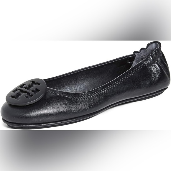 Tory Burch Designer Minnie Dark Black Leather Travel Street Flats - Picture 2 of 10